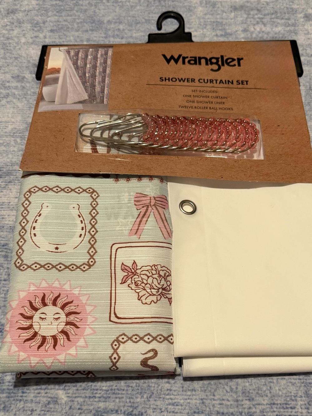 Wrangler Pink and Cream Patterned Shower Curtain Set with Hooks